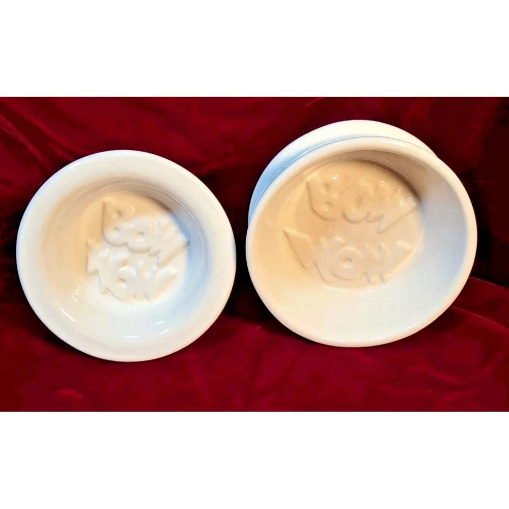 Debby Carman White Ceramic Pet Bowl Set Bow Wow Embossed Bone Design 2pc Signed
